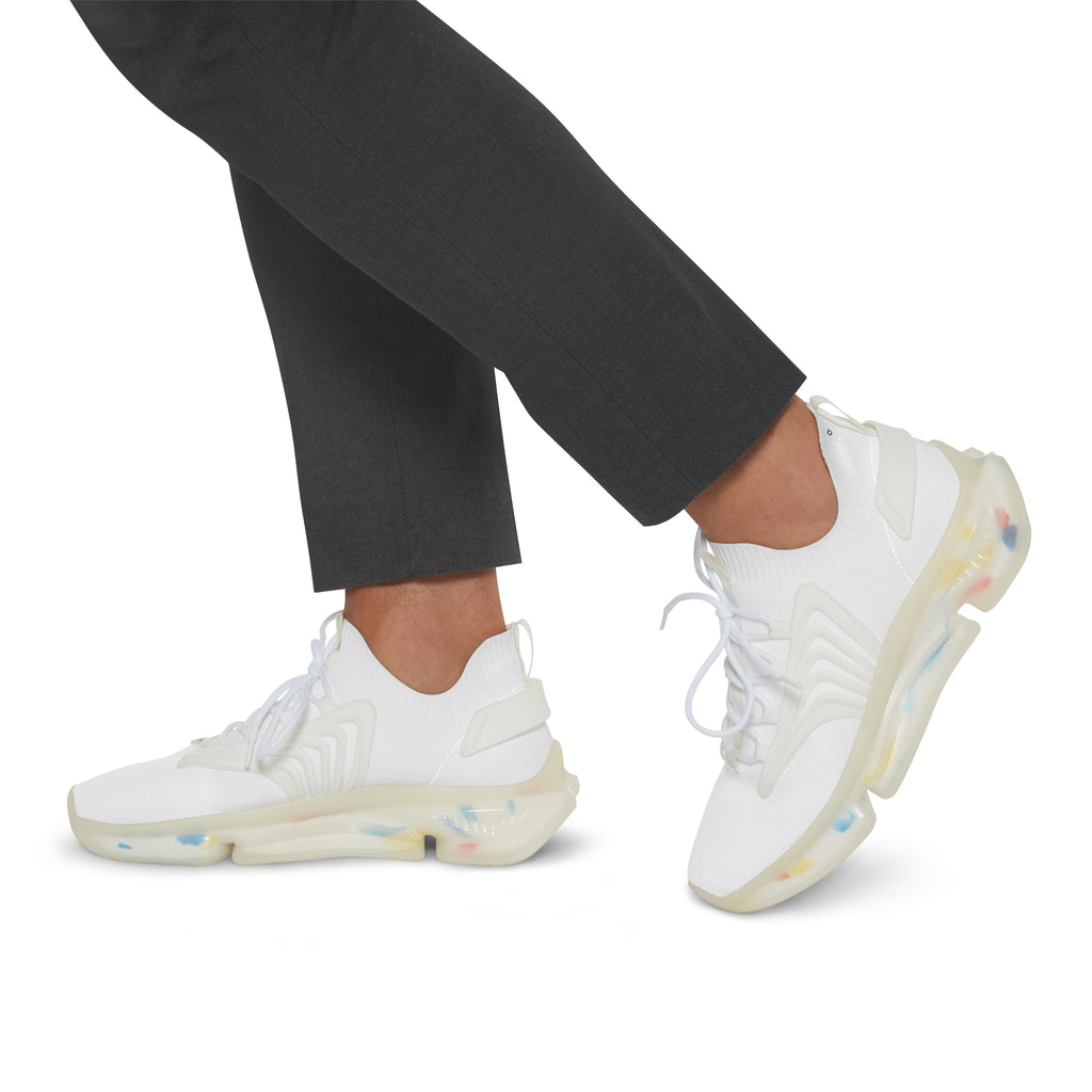 Men's White Mesh Sneakers Lightweight Knit Athletic Shoes with Color Accent Sole
